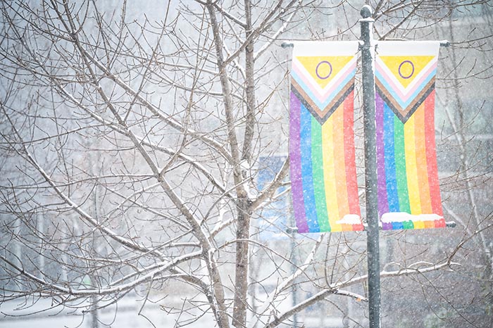Pride Week and Graduation banners on campus