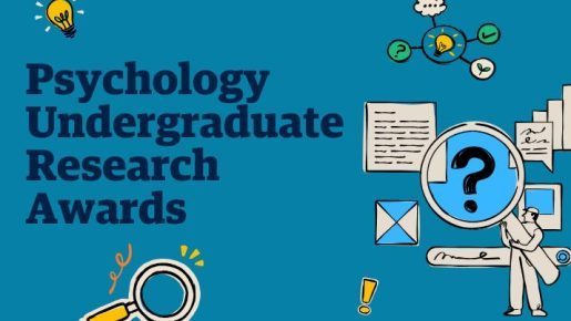Illustrated graphic with the title 'Psychology Undergraduate Research Awards' on a blue background. The design includes icons of a magnifying glass, a lightbulb, a figure analyzing a question mark, documents, and symbols representing ideas and research.
